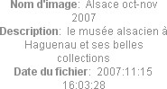 Nom d'image:  Alsace oct-nov 2007
Description:  le musée alsacien à Haguenau et ses belles collections
Date du fichier:  2007:11:15 16:03:28